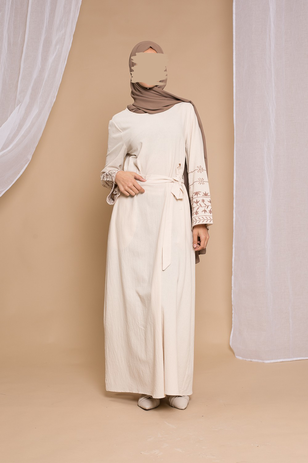 Embroidered Cotton Dress - Beige - Hijab Boutique