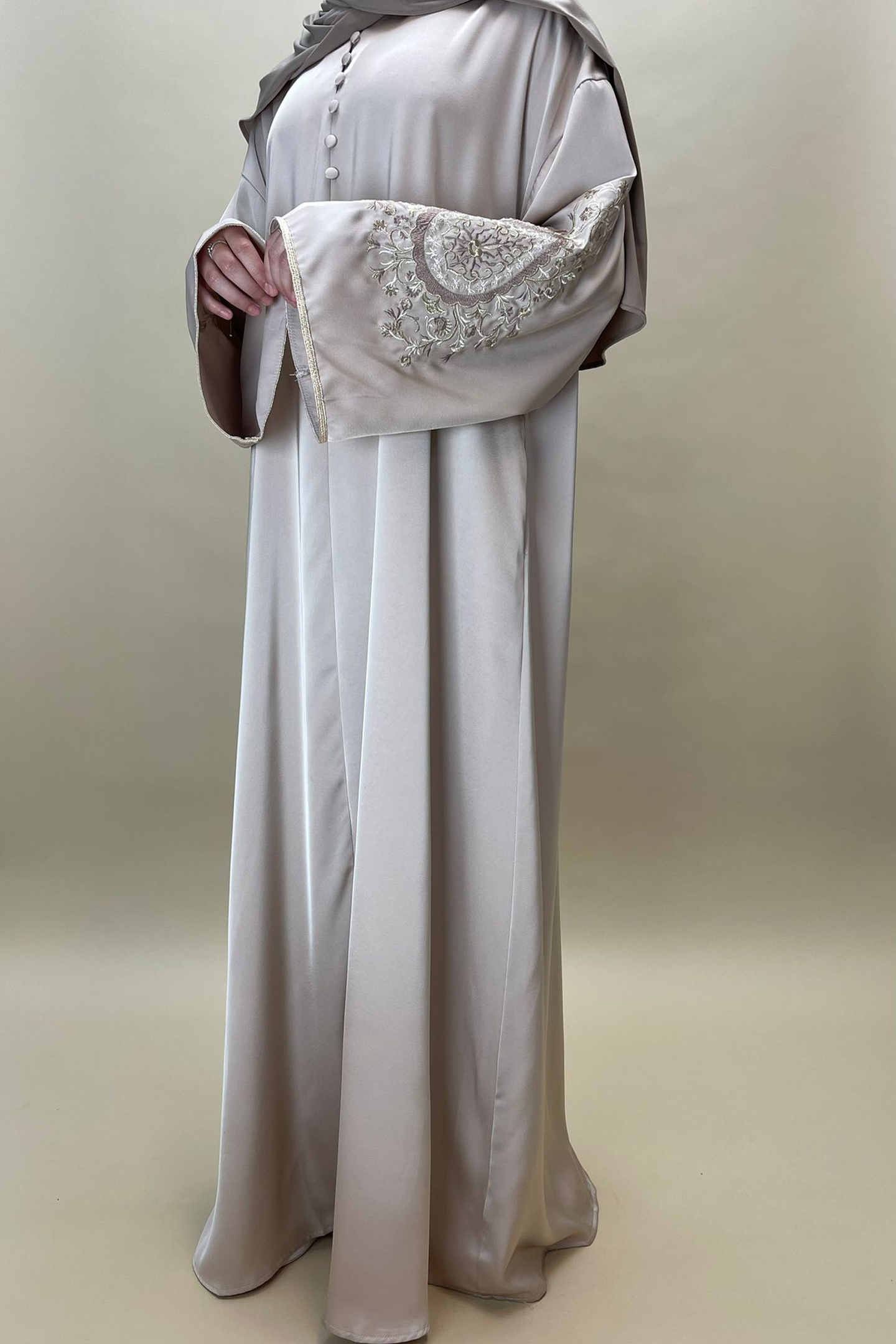 Embroidered satin dress - Beige - Hijab Boutique